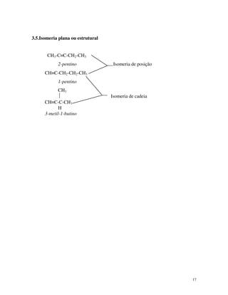 17
3.5.Isomeria plana ou estrutural
CH3-C≡C-CH2-CH3
2-pentino Isomeria de posição
CH≡C-CH2-CH2-CH3
1-pentino
CH3
 Isomeria de cadeia
CH≡C-C-CH3
H
3-metil-1-butino
 