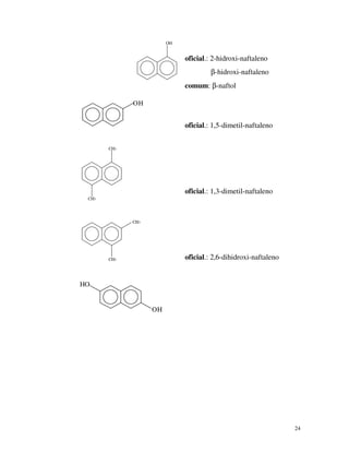 24
OH
OH
CH3
CH3
CH3
CH3
OH
HO
oficial.: 2-hidroxi-naftaleno
β-hidroxi-naftaleno
comum: β-naftol
oficial.: 1,5-dimetil-naftaleno
oficial.: 1,3-dimetil-naftaleno
oficial.: 2,6-dihidroxi-naftaleno
 