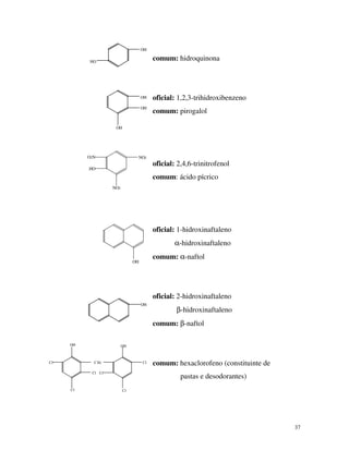 37
OH
HO
OH
OH
OH
NO2
HO
NO2O2N
OH
OH
Cl H2C
OHOH
Cl
ClCl
ClCl
comum: hidroquinona
oficial: 1,2,3-trihidroxibenzeno
comum: pirogalol
oficial: 2,4,6-trinitrofenol
comum: ácido pícrico
oficial: 1-hidroxinaftaleno
α-hidroxinaftaleno
comum: α-naftol
oficial: 2-hidroxinaftaleno
β-hidroxinaftaleno
comum: β-naftol
comum: hexaclorofeno (constituinte de
pastas e desodorantes)
 