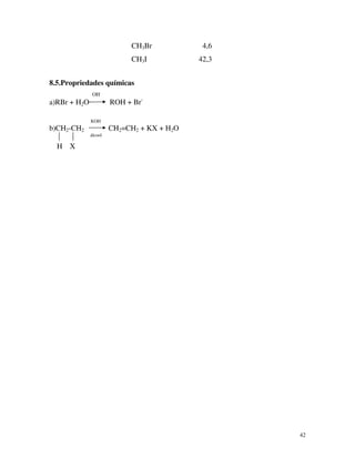42
CH3Br 4,6
CH3I 42,3
8.5.Propriedades químicas
OH-
a)RBr + H2O ROH + Br-
KOH
b)CH2-CH2 CH2=CH2 + KX + H2O
  álcool
H X
 