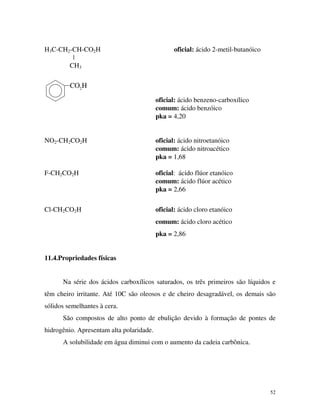 52
H3C-CH2-CH-CO2H oficial: ácido 2-metil-butanóico
|
CH3
CO H2
oficial: ácido benzeno-carboxílico
comum: ácido benzóico
pka = 4,20
NO2-CH2CO2H oficial: ácido nitroetanóico
comum: ácido nitroacético
pka = 1,68
F-CH2CO2H oficial: ácido flúor etanóico
comum: ácido flúor acético
pka = 2,66
Cl-CH2CO2H oficial: ácido cloro etanóico
comum: ácido cloro acético
pka = 2,86
11.4.Propriedades físicas
Na série dos ácidos carboxílicos saturados, os três primeiros são líquidos e
têm cheiro irritante. Até 10C são oleosos e de cheiro desagradável, os demais são
sólidos semelhantes à cera.
São compostos de alto ponto de ebulição devido à formação de pontes de
hidrogênio. Apresentam alta polaridade.
A solubilidade em água diminui com o aumento da cadeia carbônica.
 