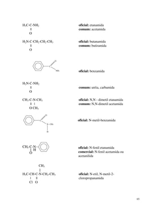 65
H3C-C-NH2 oficial: etanamida
|| comum: acetamida
O
H2N-C-CH2-CH2-CH3 oficial: butanamida
|| comum: butiramida
O
O
C
NH2
oficial: benzamida
H2N-C-NH2
|| comum: uréia, carbamida
O
CH3-C-N-CH3 oficial: N,N - dimetil etanamida
|| | comum: N,N-dimetil acetamida
O CH3
C
O
N - CH3
H
oficial: N-metil-benzamida
O
H
3CH -C-N oficial: N-fenil etanamida
comercial: N-fenil acetamida ou
acetanilida
CH3
|
H3C-CH-C-N-CH2-CH3 oficial: N-etil, N-metil-2-
| || cloropropanamida
Cl O
 