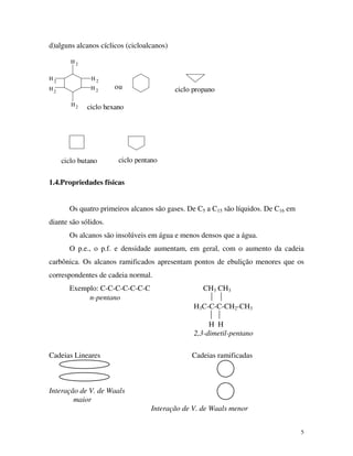 5
d)alguns alcanos cíclicos (cicloalcanos)
H2
H
H
H
H
H 2
2
22
2
ou
ciclo hexano
ciclo propano
ciclo butano ciclo pentano
1.4.Propriedades físicas
Os quatro primeiros alcanos são gases. De C5 a C15 são líquidos. De C16 em
diante são sólidos.
Os alcanos são insolúveis em água e menos densos que a água.
O p.e., o p.f. e densidade aumentam, em geral, com o aumento da cadeia
carbônica. Os alcanos ramificados apresentam pontos de ebulição menores que os
correspondentes de cadeia normal.
Exemplo: C-C-C-C-C-C-C CH3 CH3
n-pentano  
H3C-C-C-CH2-CH3
 
H H
2,3-dimetil-pentano
Cadeias Lineares Cadeias ramificadas
Interação de V. de Waals
maior
Interação de V. de Waals menor
 