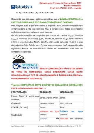 Química para Técnico de Operações Jr 2015
Teoria e exercícios
Prof. WAGNER LUIZ Aula 00
Prof. Wagner Luiz www.estrategiaconcursos.com.br Página 15 de 72
b) H2C = CH CH2 CH2 CH = CH CH3
Resumindo todo este papo, podemos considerar que a QUÍMICA ORGÂNICA É A
PARTE DA QUÍMICA QUE ESTUDA OS COMPOSTOS DO CARBONO.
Mas, Wagner, tudo o que tem carbono é orgânico? Não. Existem compostos que
contém carbono e não são orgânicos. Mas, é obrigatório que todos os compostos
orgânicos apresentem carbono em sua estrutura.
Os principais exemplos de inorgânicos carbonados são: grafite (C(graf)), diamante
(C(diam)), monóxido de carbono (CO), dióxido de carbono (CO2), ácido cianídrico
(HCN) e seus derivados (NaCN, Ca(CN)2, etc.), ácido carbônico (H2CO3) e seus
derivados (Na2CO3, CaCO3, etc.). Por que estes compostos NÃO são considerados
orgânicos? Porque as características destes se assemelham mais com os
compostos inorgânicos.
MUITAS COMPARAÇÕES SÃO FEITAS SOBRE
OS TIPOS DE COMPOSTOS. ESTAS DIFERENÇAS ESTÃO MUITO
RELACIONADAS AO TIPO DE LIGAÇÃO QUIMICA E TAMANHO DA CADEIA (e,
consequentemente, massa molar).
Vejamos: COMPARAÇÃO ENTRE COMPOSTOS ORGÂNICOS E INORGÂNICOS
PROPRIEDADES ORGÂNICOS INORGÂNICOS
Estado Físico à temperatura
Ambiente
Sólido, Líquido e Gás. Sólido
Combustão são combustíveis Não queimam
PF e PE (P= 1 atm) Baixos Altos
Solubilidade
Insolúveis em água
(maioria)
Solúveis em água
(maioria)
Solúveis em Insolúveis em solventes
00000000000
00000000000 - DEMO
 