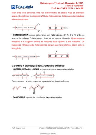 Química para Técnico de Operações Jr 2015
Teoria e exercícios
Prof. WAGNER LUIZ Aula 00
Prof. Wagner Luiz www.estrategiaconcursos.com.br Página 20 de 72
estar entre dois carbonos, mas nas extremidades da cadeia. Veja os exemplos
abaixo. O oxigênio e o nitrogênio NÃO são heteroátomos. Estão nas extremidades e
não entre carbonos.
- HETEROGÊNEA: possui pelo menos um heteroátomo (O, N, S e P) entre os
átomos de carbono. O heteroátomo deve ser ao menos, bivalente. Observe que o
nitrogênio e o oxigênio (dentro da moldura) estão ligados a dois carbonos. Os
halogênios NUNCA serão heteroátomos porque são monovalentes, assim como o
hidrogênio.
b) QUANTO À DISPOSIÇÃO DOS ÁTOMOS DE CARBONO
- NORMAL, RETA OU LINEAR: apresenta somente duas extremidades.
Estas mesmas cadeias podem ser representadas de outras formas:
- RAMIFICADA: apresenta, no mínimo, três extremidades.
00000000000
00000000000 - DEMO
 