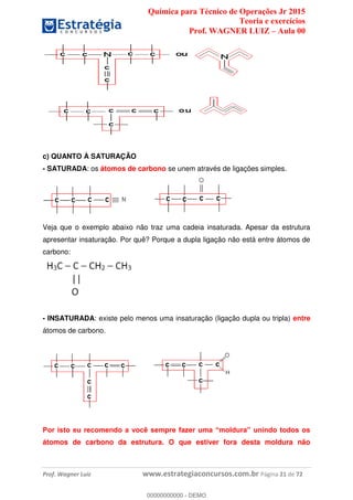 Química para Técnico de Operações Jr 2015
Teoria e exercícios
Prof. WAGNER LUIZ Aula 00
Prof. Wagner Luiz www.estrategiaconcursos.com.br Página 21 de 72
c) QUANTO À SATURAÇÃO
- SATURADA: os átomos de carbono se unem através de ligações simples.
Veja que o exemplo abaixo não traz uma cadeia insaturada. Apesar da estrutura
apresentar insaturação. Por quê? Porque a dupla ligação não está entre átomos de
carbono:
- INSATURADA: existe pelo menos uma insaturação (ligação dupla ou tripla) entre
átomos de carbono.
átomos de carbono da estrutura. O que estiver fora desta moldura não
00000000000
00000000000 - DEMO
 