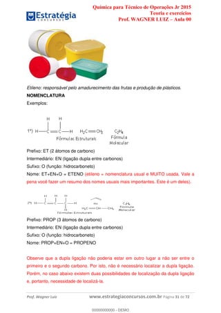 Química para Técnico de Operações Jr 2015
Teoria e exercícios
Prof. WAGNER LUIZ Aula 00
Prof. Wagner Luiz www.estrategiaconcursos.com.br Página 31 de 72
Etileno: responsável pelo amadurecimento das frutas e produção de plásticos.
NOMENCLATURA
Exemplos:
Prefixo: ET (2 átomos de carbono)
Intermediário: EN (ligação dupla entre carbonos)
Sufixo: O (função: hidrocarboneto)
Nome: ET+EN+O = ETENO (etileno = nomenclatura usual e MUITO usada. Vale a
pena você fazer um resumo dos nomes usuais mais importantes. Este é um deles).
Prefixo: PROP (3 átomos de carbono)
Intermediário: EN (ligação dupla entre carbonos)
Sufixo: O (função: hidrocarboneto)
Nome: PROP+EN+O = PROPENO
Observe que a dupla ligação não poderia estar em outro lugar a não ser entre o
primeiro e o segundo carbono. Por isto, não é necessário localizar a dupla ligação.
Porém, no caso abaixo existem duas possibilidades de localização da dupla ligação
e, portanto, necessidade de localizá-la.
00000000000
00000000000 - DEMO
 