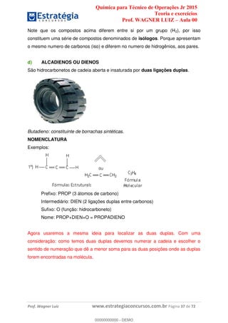 Química para Técnico de Operações Jr 2015
Teoria e exercícios
Prof. WAGNER LUIZ Aula 00
Prof. Wagner Luiz www.estrategiaconcursos.com.br Página 37 de 72
Note que os compostos acima diferem entre si por um grupo (H2), por isso
constituem uma série de compostos denominados de isólogos. Porque apresentam
o mesmo numero de carbonos (iso) e diferem no numero de hidrogênios, aos pares.
d) ALCADIENOS OU DIENOS
São hidrocarbonetos de cadeia aberta e insaturada por duas ligações duplas.
Butadieno: constituinte de borrachas sintéticas.
NOMENCLATURA
Exemplos:
Prefixo: PROP (3 átomos de carbono)
Intermediário: DIEN (2 ligações duplas entre carbonos)
Sufixo: O (função: hidrocarboneto)
Nome: PROP+DIEN+O = PROPADIENO
Agora usaremos a mesma ideia para localizar as duas duplas. Com uma
consideração: como temos duas duplas devemos numerar a cadeia e escolher o
sentido de numeração que dê a menor soma para as duas posições onde as duplas
forem encontradas na molécula.
00000000000
00000000000 - DEMO
 