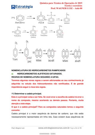Química para Técnico de Operações Jr 2015
Teoria e exercícios
Prof. WAGNER LUIZ Aula 00
Prof. Wagner Luiz www.estrategiaconcursos.com.br Página 51 de 72
NOMENCLATURA DE HIDROCARBONETOS RAMIFICADOS
a) HIDROCARBONETOS ALIFÁTICOS SATURADOS.
REGRAS DE NOMENCLATURA SEGUNDO A IUPAC.
Teremos algumas novas regras a serem adicionadas ao seu conhecimento já
adquirido no estudo dos hidrocarbonetos não ramificados. É de grande
importância seguir à risca tais regras.
1º) Determinar a cadeia principal.
Esta é a principal coisa a ser feita. Se você errar a escolha da cadeia irá errar o
nome do composto, mesmo acertando os demais passos. Portanto, muita
atenção a esta etapa.
O que é a cadeia principal? Para os compostos saturados temos o seguinte
conceito:
Cadeia principal é a maior sequência de átomos de carbono, que não estão
necessariamente representados em linha reta. Caso existam duas sequências de
00000000000
00000000000 - DEMO
 