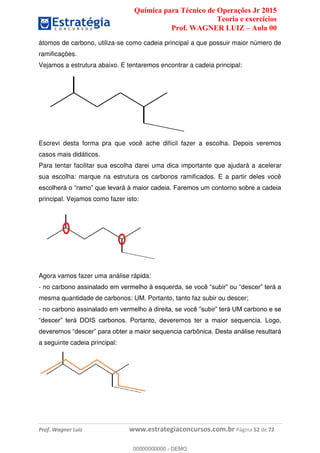 Química para Técnico de Operações Jr 2015
Teoria e exercícios
Prof. WAGNER LUIZ Aula 00
Prof. Wagner Luiz www.estrategiaconcursos.com.br Página 52 de 72
átomos de carbono, utiliza-se como cadeia principal a que possuir maior número de
ramificações.
Vejamos a estrutura abaixo. E tentaremos encontrar a cadeia principal:
Escrevi desta forma pra que você ache difícil fazer a escolha. Depois veremos
casos mais didáticos.
Para tentar facilitar sua escolha darei uma dica importante que ajudará a acelerar
sua escolha: marque na estrutura os carbonos ramificados. E a partir deles você
principal. Vejamos como fazer isto:
Agora vamos fazer uma análise rápida:
- no carbo
mesma quantidade de carbonos: UM. Portanto, tanto faz subir ou descer;
-
Portanto, deveremos ter a maior sequencia. Logo,
a seguinte cadeia principal:
00000000000
00000000000 - DEMO
 