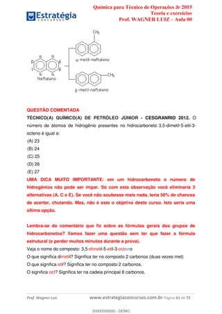 Química para Técnico de Operações Jr 2015
Teoria e exercícios
Prof. WAGNER LUIZ Aula 00
Prof. Wagner Luiz www.estrategiaconcursos.com.br Página 61 de 72
QUESTÃO COMENTADA
TÉCNICO(A) QUÍMICO(A) DE PETRÓLEO JÚNIOR - CESGRANRIO 2012. O
número de átomos de hidrogênio presentes no hidrocarboneto 3,5-dimetil-5-etil-3-
octeno é igual a:
(A) 23
(B) 24
(C) 25
(D) 26
(E) 27
UMA DICA MUITO IMPORTANTE: em um hidrocarboneto o número de
hidrogênios não pode ser ímpar. Só com esta observação você eliminaria 3
alternativas (A, C e E). Se você não soubesse mais nada, teria 50% de chances
de acertar, chutando. Mas, não é este o objetivo deste curso. Isto seria uma
última opção.
Lembra-se do comentário que fiz sobre as fórmulas gerais dos grupos de
hidrocarbonetos? Vamos fazer uma questão sem ter que fazer a fórmula
estrutural (e perder muitos minutos durante a prova).
Veja o nome do composto: 3,5-dimetil-5-etil-3-octeno
O que significa dimetil? Significa ter no composto 2 carbonos (duas vezes met)
O que significa etil? Significa ter no composto 2 carbonos.
O significa oct? Significa ter na cadeia principal 8 carbonos.
00000000000
00000000000 - DEMO
 