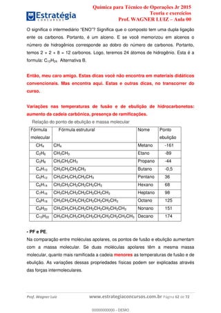 Química para Técnico de Operações Jr 2015
Teoria e exercícios
Prof. WAGNER LUIZ Aula 00
Prof. Wagner Luiz www.estrategiaconcursos.com.br Página 62 de 72
O
ente os carbonos. Portanto, é um alceno. E se você memorizou em alcenos o
número de hidrogênios corresponde ao dobro do número de carbonos. Portanto,
temos 2 + 2 + 8 = 12 carbonos. Logo, teremos 24 átomos de hidrogênio. Esta é a
formula: C12H24. Alternativa B.
Então, meu caro amigo. Estas dicas você não encontra em materiais didáticos
convencionais. Mas encontra aqui. Estas e outras dicas, no transcorrer do
curso.
Variações nas temperaturas de fusão e de ebulição de hidrocarbonetos:
aumento da cadeia carbônica, presença de ramificações.
Relação do ponto de ebulição e massa molecular
Fórmula
molecular
Fórmula estrutural Nome Ponto
ebulição
CH4 CH4 Metano -161
C2H6 CH3CH3 Etano -89
C3H8 CH3CH2CH3 Propano -44
C4H10 CH3CH2CH2CH3 Butano -0,5
C5H12 CH3CH2CH2CH2CH3 Pentano 36
C6H14 CH3CH2CH2CH2CH2CH3 Hexano 68
C7H16 CH3CH2CH2CH2CH2CH2CH3 Heptano 98
C8H18 CH3CH2CH2CH2CH2CH2CH2CH3 Octano 125
C9H20 CH3CH2CH2CH2CH2CH2CH2CH2CH3 Nonano 151
C10H22 CH3CH2CH2CH2CH2CH2CH2CH2CH2CH3 Decano 174
- PF e PE.
Na comparação entre moléculas apolares, os pontos de fusão e ebulição aumentam
com a massa molecular. Se duas moléculas apolares têm a mesma massa
molecular, quanto mais ramificada a cadeia menores as temperaturas de fusão e de
ebulição. As variações dessas propriedades físicas podem ser explicadas através
das forças intermoleculares.
00000000000
00000000000 - DEMO
 