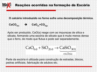 O calcário introduzido no forno sofre uma decomposição térmica.   CaCO 3(s)                CaO (s) +CO 2(g)   Reações ocorridas na formação da Escória Após ser produzido, CaO(s) reage com as impurezas de sílica e silicato, formando uma escória de silicato que é muito menos densa que o ferro, de modo que flutua e pode sair separadamente.  Parte da escória é utilizada para construção de estradas, blocos, pedras artificiais, fabricação de adubos etc. 