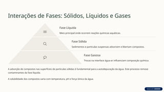 Interações de Fases: Sólidos, Líquidos e Gases
Fase Líquida
Meio principal onde ocorrem reações químicas aquáticas.
Fase Sólida
Sedimentos e partículas suspensas adsorvem e libertam compostos.
Fase Gasosa
Trocas na interface água-ar influenciam composição química.
A adsorção de compostos nas superfícies de partículas sólidas é fundamental para a autodepuração da água. Este processo remove
contaminantes da fase líquida.
A solubilidade dos compostos varia com temperatura, pH e força iónica da água.
 