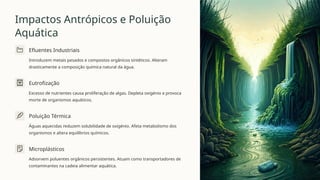 Impactos Antrópicos e Poluição
Aquática
Efluentes Industriais
Introduzem metais pesados e compostos orgânicos sintéticos. Alteram
drasticamente a composição química natural da água.
Eutrofização
Excesso de nutrientes causa proliferação de algas. Depleta oxigénio e provoca
morte de organismos aquáticos.
Poluição Térmica
Águas aquecidas reduzem solubilidade de oxigénio. Afeta metabolismo dos
organismos e altera equilíbrios químicos.
Microplásticos
Adsorvem poluentes orgânicos persistentes. Atuam como transportadores de
contaminantes na cadeia alimentar aquática.
 