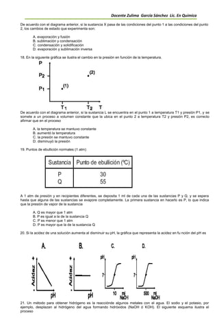 Docente Zulima García Sánchez Lic. En Química
De acuerdo con el diagrama anterior, si la sustancia X pasa de las condiciones del punto 1 a las condiciones del punto
2, los cambios de estado que experimenta son:
A. evaporación y fusión
B. sublimación y condensación
C. condensación y solidificación
D. evaporación y sublimación inversa
18. En la siguiente gráfica se ilustra el cambio en la presión en función de la temperatura.
De acuerdo con el diagrama anterior, si la sustancia L se encuentra en el punto 1 a temperatura T1 y presión P1, y se
somete a un proceso a volumen constante que la ubica en el punto 2 a temperatura T2 y presión P2, es correcto
afirmar que en el proceso
A. la temperatura se mantuvo constante
B. aumentó la temperatura
C. la presión se mantuvo constante
D. disminuyó la presión
19. Puntos de ebullición normales (1 atm)
A 1 atm de presión y en recipientes diferentes, se deposita 1 ml de cada una de las sustancias P y Q, y se espera
hasta que alguna de las sustancias se evapore completamente. La primera sustancia en hacerlo es P, lo que indica
que la presión de vapor de la sustancia
A. Q es mayor que 1 atm
B. P es igual a la de la sustancia Q
C. P es menor que 1 atm
D. P es mayor que la de la sustancia Q
20. Si la acidez de una solución aumenta al disminuir su pH, la gráfica que representa la acidez en fu nción del pH es
21. Un método para obtener hidrógeno es la reacciónde algunos metales con el agua. El sodio y el potasio, por
ejemplo, desplazan al hidrógeno del agua formando hidróxidos (NaOH ó KOH). El siguiente esquema ilustra el
proceso
 