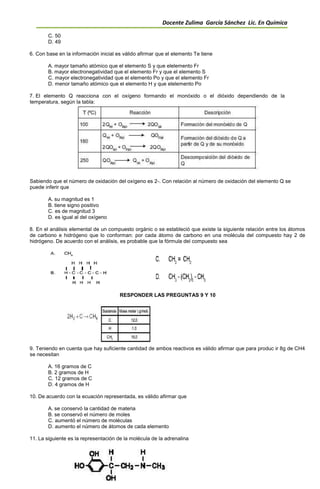 Docente Zulima García Sánchez Lic. En Química
C. 50
D. 49
6. Con base en la información inicial es válido afirmar que el elemento Te tiene
A. mayor tamaño atómico que el elemento S y que elelemento Fr
B. mayor electronegatividad que el elemento Fr y que el elemento S
C. mayor electronegatividad que el elemento Po y que el elemento Fr
D. menor tamaño atómico que el elemento H y que elelemento Po
7. El elemento Q reacciona con el oxígeno formando el monóxido o el dióxido dependiendo de la
temperatura, según la tabla:
Sabiendo que el número de oxidación del oxígeno es 2-. Con relación al número de oxidación del elemento Q se
puede inferir que
A. su magnitud es 1
B. tiene signo positivo
C. es de magnitud 3
D. es igual al del oxígeno
8. En el análisis elemental de un compuesto orgánic o se estableció que existe la siguiente relación entre los átomos
de carbono e hidrógeno que lo conforman: por cada átomo de carbono en una molécula del compuesto hay 2 de
hidrógeno. De acuerdo con el análisis, es probable que la fórmula del compuesto sea
RESPONDER LAS PREGUNTAS 9 Y 10
9. Teniendo en cuenta que hay suficiente cantidad de ambos reactivos es válido afirmar que para produc ir 8g de CH4
se necesitan
A. 16 gramos de C
B. 2 gramos de H
C. 12 gramos de C
D. 4 gramos de H
10. De acuerdo con la ecuación representada, es válido afirmar que
A. se conservó la cantidad de materia
B. se conservó el número de moles
C. aumentó el número de moléculas
D. aumento el número de átomos de cada elemento
11. La siguiente es la representación de la molécula de la adrenalina
 