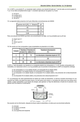 Docente Zulima García Sánchez Lic. En Química
14. A 100ºC y una presión P1 un recipiente rígido contiene una mezcla formada por 1 mol de cada uno de los gases X,
Y y Z. Si se retira completamente el gas Y, la presión ejercida por los gases X y Z será
A. 2/3 de P1
B. el doble de P1
C. la mitad de P1
D. 3/2 de P1
15. La siguiente tabla presenta el pH para diferentes concentraciones de H2SO4
Para una solución de H2SO4 que tiene una concentración de 50g/L, es muy probable que su pH sea
A. mayor que 2,1
B. 1,2
C. menor que 0,3
D. 2,1
16. Se cuenta con tres compuestos cuyas propiedades se presentan en la tabla.
A 25ºC y 1 atm de presión, se mezclan en un recipiente abierto los compuestos U, V y W. Si estos compuestos son
insolubles y no reaccionan entre sí, es muy probable que al aumentar la temperatura a 280ºC el recipiente contenga
A. los compuestos U y V en estado líquido y el compuesto W en estado sólido
B. el compuesto V en estado líquido y el compuesto W en estado sólido
C. el compuesto U en estado líquido, el compuesto W en estado sólido y los productos de la descomposición
de V
D. el compuesto W en estado sólido y los productos de la descomposición de V
17. La purificación de cobre generalmente se realiza por medio de electrólisis. La técnica consiste ensumergir en una
solución de CuSO4 una placa de cobre impuro, la cual actúa como ánod o y una placa de cobre puro que actúa como
cátodo y luego conectarlas a una fuente de energía, para generar un flujo de electrones a través de la solución y las
placas como se observa a continuación
De acuerdo con la información, después de llevar acabo la electrólisis, el cobre puro se encontrará adherido
A. al ánodo
B. al cátodo y al ánodo
C. al cátodo
D. a la superficie del recipiente
 
