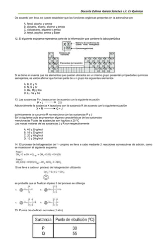 Docente Zulima García Sánchez Lic. En Química
De acuerdo con ésta, se puede establecer que las funciones orgánicas presentes en la adrenalina son
A. fenol, alcohol y amina
B. alqueno, alcano, alcohol y amida
C. cicloalcano, alqueno y amida
D. fenol, alcohol, amina y Èster
12. El siguiente esquema representa parte de la información que contiene la tabla periódica
Si se tiene en cuenta que los elementos que quedan ubicados en un mismo grupo presentan propiedades químicas
semejantes, es válido afirmar que forman parte de u n grupo los siguientes elementos
A. B, C y N
B. N, S y Br
C. Be, Mg y Ca
D. Li, Na y Be
13. Las sustancias P y J reaccionan de acuerdo con la siguiente ecuación
P + J 2 X
Adicionalmente la sustancia X reacciona con la sustancia R de acuerdo con la siguiente ecuación
X + R Q + J
químicamente la sustancia R no reacciona con las sustancias P y J
En la siguiente tabla se presentan algunas características de las sustancias
mencionadas Todas las sustancias son líquidas a 20 ºC
Las masas molares de las sustancias J y R son respectivamente
A. 40 y 30 g/mol
B. 10 y 20 g/mol
C. 20 y 40 g/mol
D. 10 y 30 g/mol
14. El proceso de halogenación del 1- propino se lleva a cabo mediante 2 reacciones consecutivas de adición, como
se muestra en el siguiente esquema
Si se lleva a cabo un proceso de halogenación utilizando
es probable que al finalizar el paso 2 del proceso se obtenga
15. Puntos de ebullición normales (1 atm)
 