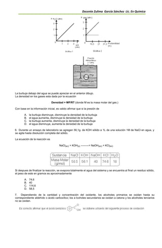 Docente Zulima García Sánchez Lic. En Química
La burbuja debajo del agua se puede apreciar en el anterior dibujo.
La densidad en los gases esta dada por la ecuación
Densidad = MP/RT (donde M es la masa molar del gas.)
Con base en la información inicial, es valido afirmar que si la presión de
A. la burbuja disminuye, disminuye la densidad de la burbuja
B. el agua aumenta, disminuye la densidad de la burbuja
C. la burbuja aumenta, disminuye la densidad de la burbuja
D. el agua disminuye, aumenta la densidad de la burbuja
6. Durante un ensayo de laboratorio se agregan 56,1g. de KOH sólido a 1L de una solución 1M de NaCl en agua, y
se agita hasta disolución completa del sólido.
La ecuación de la reacción es
NaCl(ac) + KOH(s) ---------> NaOH(ac) + KCl(ac)
Si despues de finalizar la reacción, se evapora totalmente el agua del sistema y se encuentra al final un residuo sólido,
el peso de este en gramos es aproximadamente
A. 74,6
B. 40
C. 114,6
D. 58,5
7. Dependiendo de la cantidad y concentración del oxidante, los alcoholes primarios se oxidan hasta su
correspondiente aldehído o ácido carboxílico; los a lcoholes secundarios se oxidan a cetona y los alcoholes terciarios
no se oxidan.
 