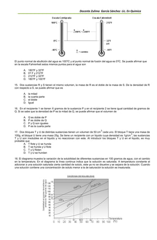 Docente Zulima García Sánchez Lic. En Química
El punto normal de ebullición del agua es 100?C y el punto normal de fusión del agua es 0?C. Se puede afirmar que
en la escala Fahrenheit estos mismos puntos para el agua son
A. 180?F y 32?F
B. 0? F y 212?F
C. 212?F y 32?F
D. 180?F y 100?F
15. Dos sustancias R y S tienen el mismo volumen, la masa de R es el doble de la masa de S. De la densidad de R
con respecto a S, se puede afirmar que es
A. la mitad
B. la cuarta parte
C. el doble
D. Igual
16. En el recipiente 1 se tienen X gramos de la sustancia P y en el recipiente 2 se tiene igual cantidad de gramos de
Q. Si se sabe que la densidad de P es la mitad de Q, se puede afirmar que el volumen de
A. Q es doble de P
B. P es doble de Q
C. P y Q son iguales
D. P es la cuarta parte
17. Dos bloques T y U de distintas sustancias tienen un volumen de 50 cm
3
cada uno. El bloque T tiene una masa de
100g, el bloque U tiene una masa 25g. Se tiene un recipiente con un liquido cuya densidad es 1g/cm
3
, las sustancias
T y U son insolubles en el liquido y no reaccionan con este. Al introducir los bloques T y U en el liquido, es muy
probable que
A. T flote y U se hunda
B. T se hunda y U flote
C. T y U floten
D. T y U se hundan
18. El diagrama muestra la variación de la solubilidad de diferentes sustancias en 100 gramos de agua, con el cambio
en la temperatura. En el diagrama la línea continua indica que la solución es saturada. A temperatura constante al
adicionar a una solución saturada cierta cantidad de soluto, este ya no se disuelve y se separa de la solución. Cuando
una solución contiene una concentración de soluto menor a la de saturación la solución es insaturada.
 