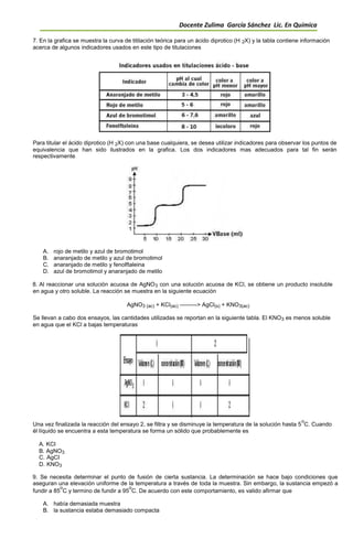 Docente Zulima García Sánchez Lic. En Química
7. En la grafica se muestra la curva de titilación teórica para un ácido diprotico (H 2X) y la tabla contiene información
acerca de algunos indicadores usados en este tipo de titulaciones
Para titular el ácido diprotico (H 2X) con una base cualquiera, se desea utilizar indicadores para observar los puntos de
equivalencia que han sido ilustrados en la grafica. Los dos indicadores mas adecuados para tal fin serán
respectivamente
A. rojo de metilo y azul de bromotimol
B. anaranjado de metilo y azul de bromotimol
C. anaranjado de metilo y fenolftaleina
D. azul de bromotimol y anaranjado de metilo
8. Al reaccionar una solución acuosa de AgNO3 con una solución acuosa de KCl, se obtiene un producto insoluble
en agua y otro soluble. La reacción se muestra en la siguiente ecuación
AgNO3 (ac) + KCl(ac) ---------> AgCl(s) + KNO3(ac)
Se llevan a cabo dos ensayos, las cantidades utilizadas se reportan en la siguiente tabla. El KNO3 es menos soluble
en agua que el KCl a bajas temperaturas
Una vez finalizada la reacción del ensayo 2, se filtra y se disminuye la temperatura de la solución hasta 5
o
C. Cuando
él líquido se encuentra a esta temperatura se forma un sólido que probablemente es
A. KCI
B. AgNO3
C. AgCI
D. KNO3
9. Se necesita determinar el punto de fusión de cierta sustancia. La determinación se hace bajo condiciones que
aseguran una elevación uniforme de la temperatura a través de toda la muestra. Sin embargo, la sustancia empezó a
fundir a 85
o
C y termino de fundir a 95
o
C. De acuerdo con este comportamiento, es valido afirmar que
A. había demasiada muestra
B. la sustancia estaba demasiado compacta
 