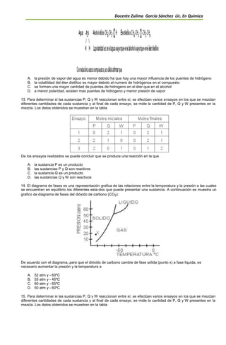 Docente Zulima García Sánchez Lic. En Química
A. la presión de vapor del agua es menor debido ha que hay una mayor influencia de los puentes de hidrógeno
B. la volatilidad del éter dietilico es mayor debido al numero de hidrógenos en el compuesto
C. se forman una mayor cantidad de puentes de hidrogeno en el éter que en el alcohol
D. a menor polaridad, existen mas puentes de hidrogeno y menor presión de vapor
13. Para determinar si las sustancias P, Q y W reaccionan entre sí, se efectúan varios ensayos en los que se mezclan
diferentes cantidades de cada sustancia y al final de cada ensayo, se mide la cantidad de P, Q y W presentes en la
mezcla. Los datos obtenidos se muestran en la tabla
De los ensayos realizados se puede concluir que se produce una reacción en la que
A. la sustancia P es un producto
B. las sustancias P y Q son reactivos
C. la sustancia Q es un producto
D. las sustancias Q y W son reactivos
14. El diagrama de fases es una representación grafica de las relaciones entre la temperatura y la presión a las cuales
se encuentran en equilibrio los diferentes esta-dos que puede presentar una sustancia. A continuación se muestra un
grafico de diagrama de fases del dióxido de carbono (CO2):
De acuerdo con el diagrama, para que el dióxido de carbono cambie de fase sólida (punto x) a fase liquida, es
necesario aumentar la presión y la temperatura a
A. 52 atm y - 60ºC
B. 55 atm y - 45ºC
C. 60 atm y - 65ºC
D. 50 atm y - 60ºC
15. Para determinar si las sustancias P, Q y W reaccionan entre sí, se efectúan varios ensayos en los que se mezclan
diferentes cantidades de cada sustancia y al final de cada ensayo, se mide la cantidad de P, Q y W presentes en la
mezcla. Los datos obtenidos se muestran en la tabla
 