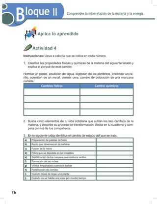 76
Comprendes la interrelación de la materia y la energía
Bloque II
Aplica lo aprendido
Actividad 4
Instrucciones: Lleva a cabo lo que se indica en cada número.
1. ODVL¿FDODVSURSLHGDGHVItVLFDVTXtPLFDVGHODPDWHULDGHOVLJXLHQWHOLVWDGR
explica el porqué de este cambio.
Hornear un pastel, ebullición del agua, digestión de los alimentos, encender un ce-
rillo, corrosión de un metal, derretir cera, cambio de coloración de una manzana
cortada.
Cambios físicos Cambio químicos
2. Busca cinco elementos de tu vida cotidiana que sufran los tres cambios de la
materia, y describe su proceso de transformación. Anota en tu cuaderno y com-
para con los de tus compañeros.
3. (QODVLJXLHQWHWDEODLGHQWL¿FDHOFDPELRGHHVWDGRGHOTXHVHWUDWD
a) Preparación de paletas de hielo
b) Rocío que observas en la mañana
c) Fusión de la nieve
d) Polvo que se deposita en los muebles
e) 6ROLGL¿FDFLyQGHORVPHWDOHVSDUDHODERUDUDQLOORV
f) Formación de las nubes
g) Vidrios empañados cuando te bañas
h) Putrefacción de comida
i) Cuando dejas de regar una planta
j) Cuando no se habita una casa por mucho tiempo
 