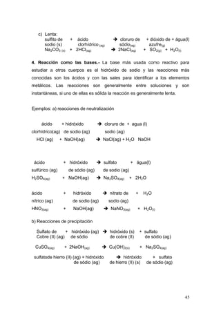 c) Lenta:
      sulfito de      +  ácido                  cloruro de + dióxido de + água(l)
      sodio (s)          clorhídrico (ag)        sódio(ag)    azufre(g)
      Na2CO3 (s)      + 2HCl(ag)                2NaCl(ag)  + SO2(g) + H2O(l)

4. Reacción como las bases.- La base más usada como reactivo para
estudiar a otros cuerpos es el hidróxido de sodio y las reacciones más
conocidas son los ácidos y con las sales para identificar a los elementos
metálicos. Las reacciones son generalmente entre soluciones y son
instantáneas, si uno de ellas es sólida la reacción es generalmente lenta.


Ejemplos: a) reacciones de neutralización


     ácido       + hidróxido           cloruro de + agua (l)
clorhídrico(ag) de sodio (ag)               sodio (ag)
  HCl (ag)       + NaOH(ag)            NaCl(ag) + H2O NaOH




 ácido            + hidróxido          sulfato           + água(l)
sulfúrico (ag)        de sódio (ag)       de sodio (ag)
H2SO4(ag)         + NaOH(ag)           Na2SO4(ag)        + 2H2O


ácido             +       hidróxido        nitrato de      +      H2O
nítrico (ag)              de sodio (ag)      sodio (ag)
HNO3(ag)          +       NaOH(ag)         NaNO3(ag)        + H2O(l)

b) Reacciones de precipitación

  Sulfato de     + hidróxido (ag)  hidróxido (s)               + sulfato
  Cobre (II) (ag) de sódio          de cobre (II)                 de sódio (ag)

  CuSO4(ag)       + 2NaOH(ag)              Cu(OH)2(s)          + Na2SO4(ag)

 sulfatode hierro (II) (ag) + hidróxido           hidróxido           + sulfato
                        de sódio (ag)         de hierro (II) (s)    de sódio (ag)




                                                                                    45
 