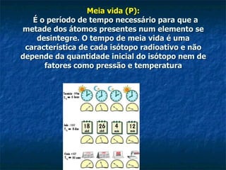 Meia vida (P):   É o período de tempo necessário para que a metade dos átomos presentes num elemento se desintegre. O tempo de meia vida é uma característica de cada isótopo radioativo e não depende da quantidade inicial do isótopo nem de fatores como pressão e temperatura 