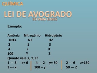 QUÍMICALEI DE AVOGRADOSÓ PARA GASESExemplo:Amônia     Nitrogênio     Hidrogênio  NH3              N2                   H22                    1                       34                   2                       X100               Y                        ZQuanto vale X, Y, Z? 1 --- 3      x= 6         4 --- 2     y= 50          2 -- -6      z=1502 --- x                     100 – y                        50 --- Z