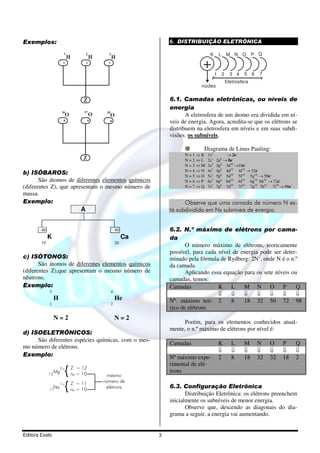 Exemplos:                                                               6. DISTRIBUIÇÃO ELETRÔNICA

                        1               2         3                                      K     L M N O P Q
                            H               H         H
                       1                1         1
                                                                                      +
                                                                                              1 2     3 4    5 6   7
                                                                                                    Eletrosfera
                                                                                     núcleo

                                     Z                                  6.1. Camadas eletrônicas, ou níveis de
                                                                        energia
                       16            17          18
                           O                O         O                        A eletrosfera de um átomo era dividida em ní-
                        8                 8       8                     veis de energia. Agora, acredita-se que os elétrons se
                                                                        distribuem na eletrosfera em níveis e em suas subdi-
                                                                        visões: os subníveis.

                                                                                      Diagrama de Linus Pauling:
                                                                              N=1⇒K     1s2       → 2e-
                                     Z                                        N=2⇒L     2s2     6
                                                                                              2p → 8e-
                                                                              N=3⇒M     3s2   3p6 3d10 →18e-
                                                                              N=4⇒N     4s2   4p6 4d10 4f14 → 32e-
b) ISÓBAROS:                                                                  N=5⇒O     5s2   5p6 5d10 5f14 5g18 → 50e-
       São átomos de diferentes elementos químicos                            N=6⇒P     6s2   6p6 6d10 6f14 6g18 6h22 → 72e-
(diferentes Z), que apresentam o mesmo número de                              N=7⇒Q     7s2   7p6 7d10 7f14 7g18 7h22 7i26 → 98e-
massa.
Exemplo:                                                                      Observe que uma camada de número N es-
                                    A                                   tá subdividida em Ns subníveis de energia.


        40                                                40            6.2. N.º máximo de elétrons por cama-
             K                                                 Ca       da
        19                                                20
                                                                               O número máximo de elétrons, teoricamente
                                                                        possível, para cada nível de energia pode ser deter-
c) ISÓTONOS:                                                            minado pela fórmula de Rydberg: 2N2, onde N é o n.º
       São átomos de diferentes elementos químicos                      da camada.
(diferentes Z),que apresentam o mesmo número de                                Aplicando essa equação para os sete níveis ou
nêutrons.                                                               camadas, temos:
Exemplo:                                                                Camadas             K L       M N O P               Q
             3                                        4
                                                                                            ⇓    ⇓    ⇓     ⇓    ⇓    ⇓     ⇓
                  H                                       He            Nº. máximo teó- 2        8    18 32 50 72 98
             1                                        2
                                                                        rico de elétrons
                  N=2                                     N=2
                                                                              Porém, para os elementos conhecidos atual-
                                                                        mente, o n.º máximo de elétrons por nível é:
d) ISOELETRÔNICOS:
     São diferentes espécies químicas, com o mes-
                                                                        Camadas                K       L     M     N    O    P      Q
mo número de elétrons.
                                                                                               ⇓       ⇓     ⇓     ⇓    ⇓    ⇓      ⇓
Exemplo:                                                                Nº máximo expe-        2       8     18    32   32   18     2
                                                                        rimental de elé-
                      2+        Z = 12
             12
                  Mg            ne = 10
                                                                        trons
                                                 mesmo
                                Z = 11          número de
                      1+
             11Na               ne = 10          elétrons               6.3. Configuração Eletrônica
                                                                               Distribuição Eletrônica: os elétrons preenchem
                                                                        inicialmente os subníveis de menor energia.
                                                                               Observe que, descendo as diagonais do dia-
                                                                        grama a seguir, a energia vai aumentando.


Editora Exato                                                       3
 