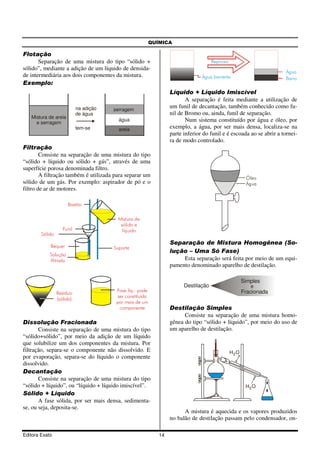 QUÍMICA

Flotação
       Separação de uma mistura do tipo “sólido +                                   Repouso
sólido”, mediante a adição de um líquido de densida-
                                                                                                                    Água
de intermediária aos dois componentes da mistura.                              Água barrenta                        Barro
Exemplo:
                                                                 Líquido + Líquido Imiscível
                                                                        A separação é feita mediante a utilização de
                            na adição                            um funil de decantação, também conhecido como fu-
                                        serragem
                            de água                              nil de Bromo ou, ainda, funil de separação.
   Mistura de areia
     e serragem
                                          água                          Num sistema constituído por água e óleo, por
                            tem-se        areia
                                                                 exemplo, a água, por ser mais densa, localiza-se na
                                                                 parte inferior do funil e é escoada ao se abrir a tornei-
                                                                 ra de modo controlado.
Filtração
        Consiste na separação de uma mistura do tipo
“sólido + líquido ou sólido + gás”, através de uma
superfície porosa denominada filtro.
        A filtração também é utilizada para separar um                                                Óleo
sólido de um gás. Por exemplo: aspirador de pó e o                                                    Água
filtro de ar de motores.

                       Bastão

                                          Mistura de
                                           sólido e
                    Funil                   líquido
        Sólido
                                                                 Separação de Mistura Homogênea (So-
            Béquer                      Suporte
                                                                 lução – Uma Só Fase)
            Solução
            filtrada                                                  Esta separação será feita por meio de um equi-
                                                                 pamento denominado aparelho de destilação.

                                                                                                     Simples
                                                                       Destilação                       e
                                         Fase líq.: pode                                             Fracionada
                 Resíduo
                                          ser constituída
                 (sólido)
                                         por mais de um
                                           componente            Destilação Simples
                                                                       Consiste na separação de uma mistura homo-
Dissolução Fracionada                                            gênea do tipo “sólido + líquido”, por meio do uso de
       Consiste na separação de uma mistura do tipo              um aparelho de destilação.
“sólido+sólido”, por meio da adição de um líquido
que solubilize um dos componentes da mistura. Por
filtração, separa-se o componente não dissolvido. E                                           H2 O
por evaporação, separa-se do líquido o componente
dissolvido.
Decantação
       Consiste na separação de uma mistura do tipo
“sólido + líquido”, ou “líquido + líquido imiscível”.                                                 H2 O
Sólido + Líquido
       A fase sólida, por ser mais densa, sedimenta-
se, ou seja, deposita-se.
                                                                       A mistura é aquecida e os vapores produzidos
                                                                 no balão de destilação passam pelo condensador, on-

Editora Exato                                               14
 