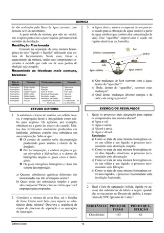 QUÍMICA

  de são resfriados pelo fluxo de água corrente, con-                            3    A figura abaixo mostra o esquema de um proces-
  densam-se e são recolhidos.                                                         so usado para a obtenção de água potável a partir
        A parte sólida da mistura, por não ser volátil,                               de água salobra (que contém alta concentração de
  não evapora junto com a parte líquida, permanecendo                                 sais). Este “aparelho” improvisado é usado em
  no balão de destilação.                                                             regiões desérticas da Austrália.
  Destilação Fracionada
        Consiste na separação de uma mistura homo-
  gênea do tipo “líquido + líquido” utilizando uma co-
  luna de facionamento. Neste caso, faz-se o
  aquecimento da mistura, sendo seus componentes se-
  parados à medida que cada um de seus pontos de
  ebulição seja atingido.
  Resumindo as técnicas mais comuns,
  teremos:

  Tipo de        Natureza       Técnica mais comum           Exemplo
                                                                                      a) Que mudanças de fase ocorrem com a água,
  mistura                                                                                dentro do “aparelho”?
Heterogênea
Heterogênea
              Sólido-líquido
              Sólido-gás
                                Filtração
                                Filtração
                                                           Água-areia
                                                           Ar-poeira
                                                                                      b) Onde, dentro do “aparelho”, ocorrem estas
Heterogênea   Líquido-líquido   Funil de bromo             Óleo-água                     mudanças?
Heterogênea   Sólido-sólido     Dissolução fracionada      Sal-areia
Homogênea     Sólido-líquido    Destilação simples         Água-sal
                                                                                      c) Qual destas mudanças absorve energia e de
Homogênea     Líquido-líquido   Destilação fracionada      Petróleo                      onde esta energia provém?
Homogênea     Gás-gás            Liquefação e destilação   Componentes do
                                        fracionada         ar atmosférico


                      ESTUDO DIRIGIDO                                                       EXERCÍCIOS RESOLVIDOS

  1    A substância cloreto de amônio, um sólido bran-                           1    Quais os processos mais adequados para separar
       co, é empregada desde a Antiguidade como adu-                                  os componentes das mistura abaixo?
       bo para vegetais. Os egípcios, por exemplo,                                    a) Água e sal.
       obtinham-na a partir do esterco do camelo. Mui-                                b) Água e azeite.
       tos dos fertilizantes atualmente produzidos em                                 c) Álcool e areia.
       indústrias químicas contêm essa substância em                                  d) Água e álcool.
       sua composição. Sabe-se que:                                                   Resolução:
             O cloreto de amônio sofre decomposição                                   a) Como se trata de uma mistura homogênea en-
             produzindo gases amônia e cloreto de hi-                                    tre um sólido e um líquido, o processo reco-
             drogênio.                                                                   mendado seria destilação simples.
             Por decomposição, a amônia origina os ga-                                b) Como se trata de uma mistura heterogênea en-
             ses nitrogênio e hidrogênio, e o cloreto de                                 tre dois líquidos imiscíveis, o processo reco-
             hidrogênio origina os gases cloro e hidro-                                  mendado seria decantação.
             gênio.                                                                   c) Como se trata de uma mistura heterogênea en-
             Os gases nitrogênio, hidrogênio e cloro não                                 tre um sólido e um líquido, o processo reco-
             sofrem decomposição.                                                        mendado seria filtração.
                                                                                      d) Como se trata de uma mistura homogênea en-
       a) Quantas substâncias químicas diferentes são                                    tre dois líquidos, o processo recomendado seria
         mencionadas nas três afirmações acima?                                          destilação fracionada.
       b) Quais delas são substâncias simples e quais
         são compostas? Deixe claro o critério que você                          2    Qual a fase de agregação (sólida, líquida ou ga-
         empregou para responder.                                                     sosa) das substâncias da tabela a seguir, quando
                                                                                      elas se encontram no Deserto da Arábia, à tempe-
  2    Considere a mistura de areia fina, sal e limalha                               ratura de 50ºC (pressão de 1 atm)?
       de ferro. Como você faria para separar as subs-
       tâncias desta mistura? Descreva a seqüência de                            SUBSTÂNCIA          PONTO DE         PONTO DE E-
       etapas do processo de separação e as operações                                                 FUSÃO            BULIÇÃO
       de separação.
                                                                                     Clorofórmio         – 63                61

  Editora Exato                                                             15
 