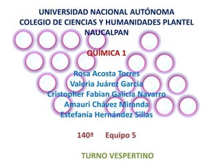 UNIVERSIDAD NACIONAL AUTÓNOMA
COLEGIO DE CIENCIAS Y HUMANIDADES PLANTEL
                NAUCALPAN

                 QUÍMICA 1

              Rosa Acosta Torres
             Valeria Juárez Garcia
      Cristopher Fabian Galicia Navarro
           Amauri Chávez Miranda
          Estefanía Hernández Sillas

              140ª    Equipo 5

               TURNO VESPERTINO
 