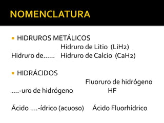  HIDRUROS METÁLICOS
             Hidruro de Litio (LiH2)
Hidruro de…… Hidruro de Calcio (CaH2)

   HIDRÁCIDOS
                           Fluoruro de hidrógeno
….-uro de hidrógeno               HF

Ácido ….-ídrico (acuoso)     Ácido Fluorhídrico
 