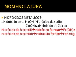  HIDRÓXIDOS METÁLICOS
..Hidróxido de … NaOH (Hidróxido de sodio)
                 Ca(OH)2 (Hidróxido de Calcio)
Hidróxido de hierro(II)Hidróxido ferrosoFe(OH)2
Hidróxido de hierro(III)Hidróxido ferricoFe(OH)3
 