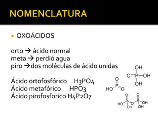    OXOÁCIDOS

orto  ácido normal
meta  perdió agua
piro dos moléculas de ácido unidas

Ácido ortofosfórico H3PO4
Ácido metafórico HPO3
Ácido pirofosforico H4P2O7
 