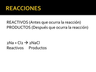 REACTIVOS (Antes que ocurra la reacción)
PRODUCTOS (Después que ocurra la reacción)


2Na + Cl2  2NaCl
Reactivos Productos
 