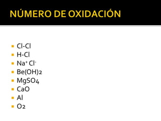    Cl-Cl
   H-Cl
   Na+ Cl-
   Be(OH)2
   MgSO4
   CaO
   Al
   O2
 