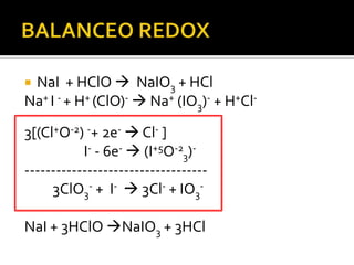 NaI + HClO  NaIO3 + HCl
Na+ I - + H+ (ClO)-  Na+ (IO3)- + H+Cl-
3[(Cl+O-2) -+ 2e-  Cl- ]
           I- - 6e-  (I+5O-23)-
-----------------------------------
     3ClO3- + I-  3Cl- + IO3-

NaI + 3HClO NaIO3 + 3HCl
 