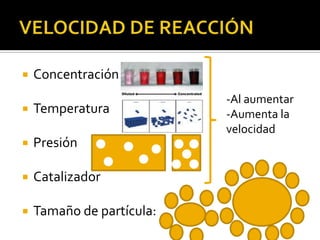    Concentración
                           -Al aumentar
   Temperatura            -Aumenta la
                           velocidad
   Presión

   Catalizador

   Tamaño de partícula:
 