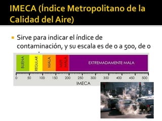    Sirve para indicar el índice de
    contaminación, y su escala es de 0 a 500, de 0
    a 50 es buena
 