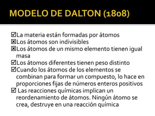La materia están formadas por átomos
Los átomos son indivisibles
Los átomos de un mismo elemento tienen igual
 masa
Los átomos diferentes tienen peso distinto
Cuando los átomos de los elementos se
 combinan para formar un compuesto, lo hace en
 proporciones fijas de números enteros positivos
 Las reacciones químicas implican un
 reordenamiento de átomos. Ningún átomo se
 crea, destruye en una reacción química
 