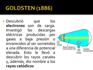    Descubrió       que       los
    electrones son de carga.
    Investigó las descargas
    eléctricas producidas por
    gases a baja presión o
    enrarecidos al ser sometidos
    a una diferencia de potencial
    elevada. Esto le llevó a
    descubrir los rayos canales
    y, además, dio nombre a los
    rayos catódicos
 