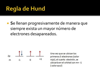    Se llenan progresivamente de manera que
    siempre exista un mayor número de
    electrones desapareados.
 