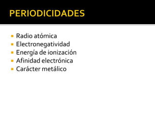    Radio atómica
   Electronegatividad
   Energía de ionización
   Afinidad electrónica
   Carácter metálico
 