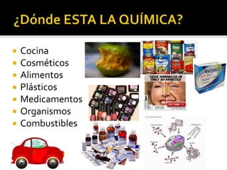    Cocina
   Cosméticos
   Alimentos
   Plásticos
   Medicamentos
   Organismos
   Combustibles
 