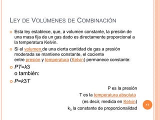 LEY DE VOLÚMENES DE COMBINACIÓN
 Esta ley establece, que, a volumen constante, la presión de
una masa fija de un gas dado es directamente proporcional a
la temperatura Kelvin.
 Si el volumen de una cierta cantidad de gas a presión
moderada se mantiene constante, el cociente
entre presión y temperatura (Kelvin) permanece constante:
 PT=k3
o también:
 P=k3T
P es la presión
T es la temperatura absoluta
(es decir, medida en Kelvin)
k3 la constante de proporcionalidad
17
 