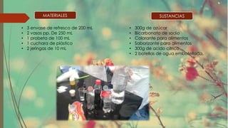 MATERIALES SUSTANCIAS
• 3 envase de refresco de 200 mL
• 2 vasos pp. De 250 mL
• 1 probeta de 100 mL
• 1 cuchara de plástico
• 2 jeringas de 10 mL
• 300g de azúcar
• Bicarbonato de sodio
• Colorante para alimentos
• Saborizante para alimentos
• 300g de acido cítrico
• 2 botellas de agua embotellada.
 